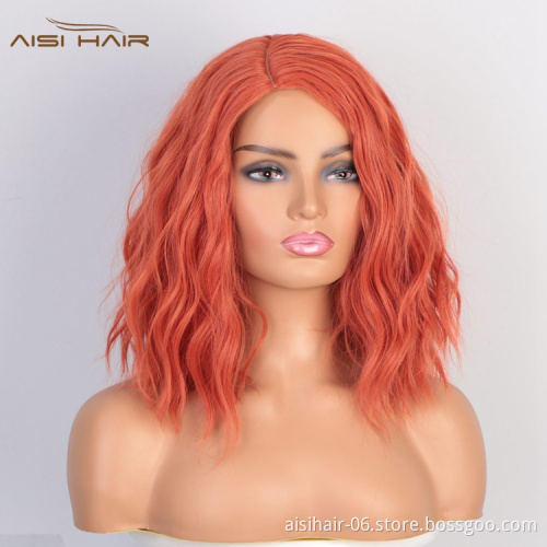 Aisi Hair Heat Resistant Synthetic Wigs For Black Women Side Part Body Wave Wig Short Wavy Orange Red Fiber Machine Made Wigs